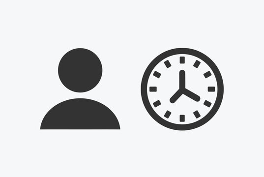User icon next to a classic circular clock representing appointment schedule planning or work time tracking.