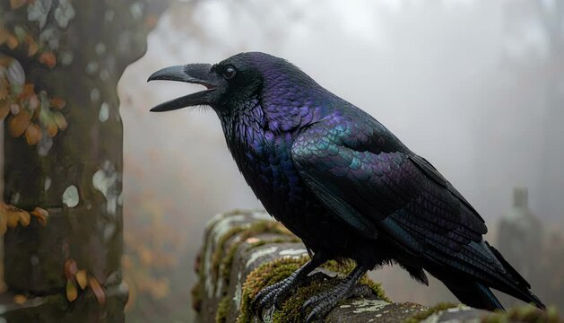 A close-up panning shot of a majestic raven perched on a stone wall, showcasing iridescent feathers and uttering a call with its beak opening dynamically, cinematic lighting