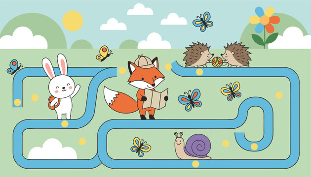 Educational kids board game with a cute fox finding a path through a park maze to meet friendly forest animals.
