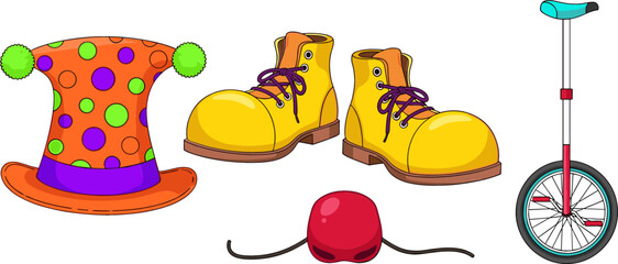 Colorful Circus Clown Costume Element Set with Polka Dot Hat Big Yellow Shoes Red Nose and Unicycle Vector Illustration for Carnivals © MstBobita