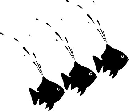 Three black fish swimming with bubbles.