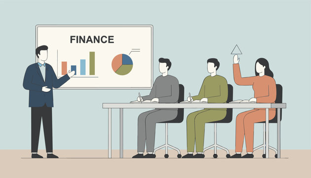 Business presentation about financial statistics shows a male speaker discussing graphs in front of an engaged audience.