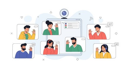 Fototapeta premium Diverse group of people participating in a video conference call, waving hello, illustration style with clean lines and flat colors.