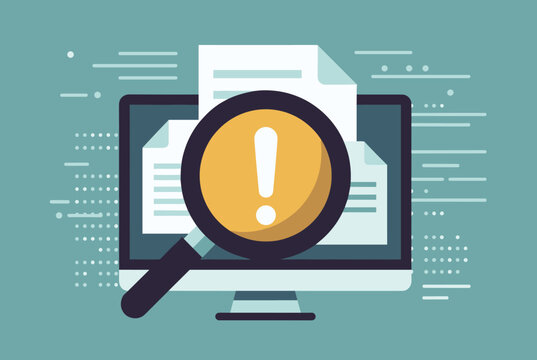 Computer screen displaying documents audited by a magnifying glass showing an alert warning exclamation mark.