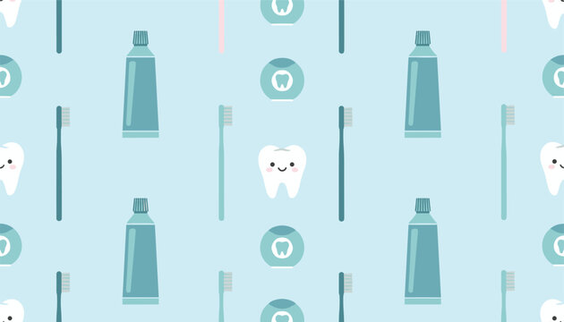 Beautiful seamless pattern of dental care elements including cute teeth, toothbrushes, toothpaste, and dental floss.
