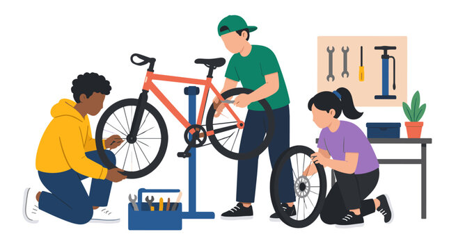 Bicycle Repair Scene With Mechanics In Workshop.