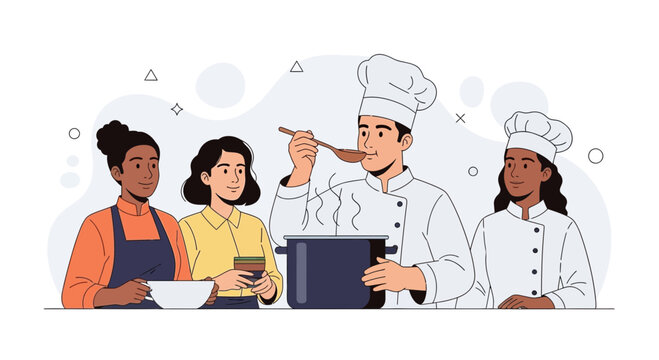 Diverse culinary team in a modern kitchen, chef tasting soup while colleagues assist, vector illustration