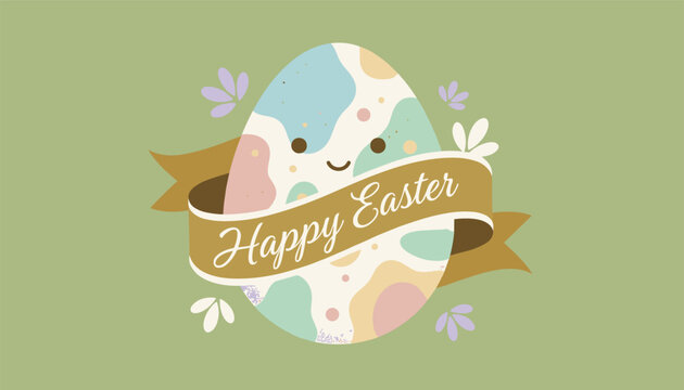 Cute decorated Easter egg with a happy face wrapped in a festive golden banner wishing a Happy Easter to everyone.