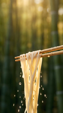 Cold somen noodles lifted by chopsticks with sparkling water droplets