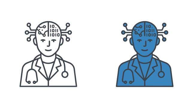 Artificial Intelligence Doctor Icons with Circuit Brain and Binary Code