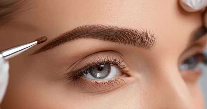 Makeup artist applying eyebrow powder using an angled brush on a young beautiful model in a beauty salon, a professional visagist correcting the shape of the eyebrows 