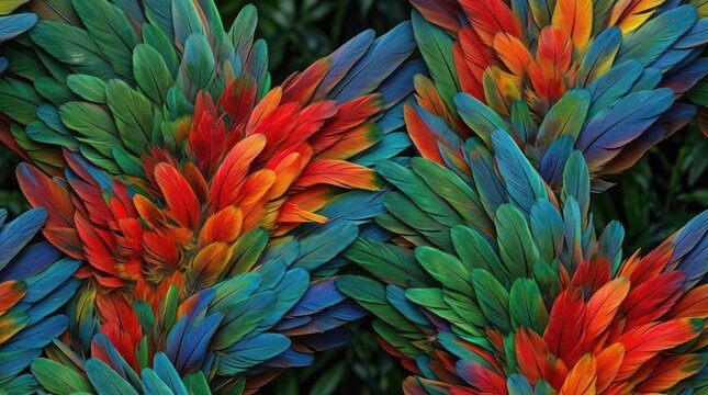 A close-up photograph showcases a dense cluster of brilliantly colored macaw feathers.