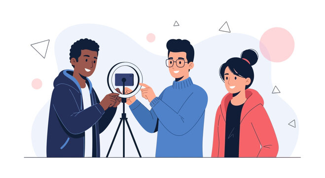 Diverse group of friends setting up ring light and camera for video recording, social media, content creation, vlogging concept.