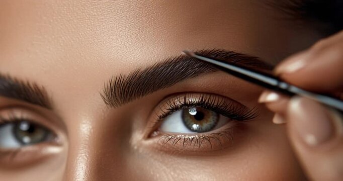 Makeup artist applying eyebrow powder using an angled brush on a young beautiful model in a beauty salon, a professional visagist correcting the shape of the eyebrows 