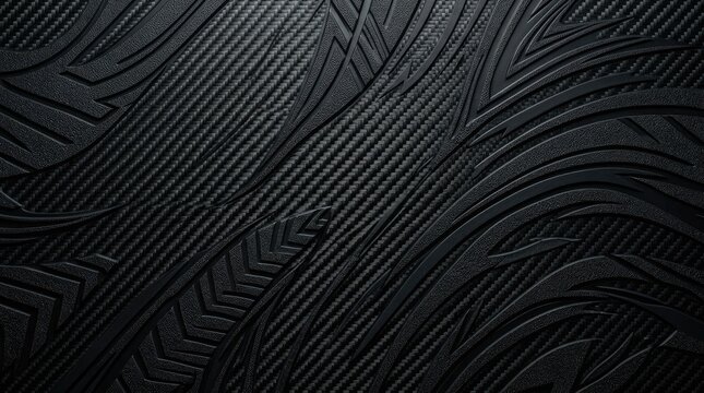 A close-up shot of a dark carbon fiber surface. The material exhibits a complex, textured pattern resembling stylized leaves or feathers.