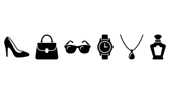 A collection of black vector icons including high heels, handbag, sunglasses, wristwatch, necklace, and perfume bottle. Elegant minimalist design for fashion, shopping, or style concepts.