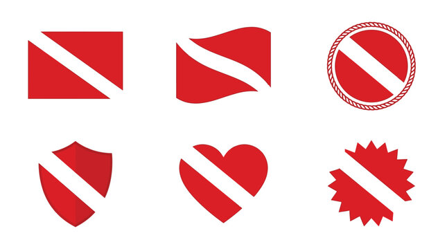 Diverse vector illustration set featuring red and white scuba diving flags in various geometric shapes