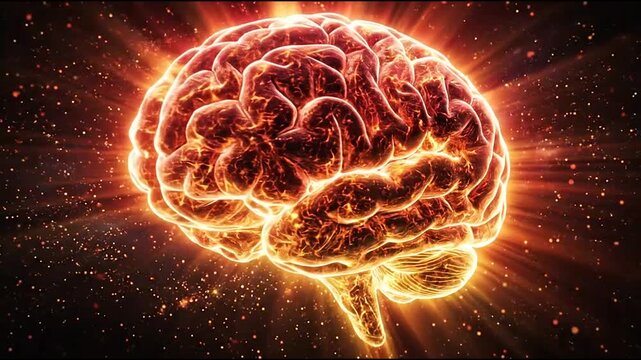 Glowing orange brain floating in dark starry space.