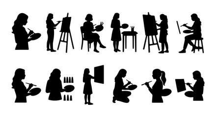 Obraz premium Artist Silhouettes Collection, Creative People Painting on Easels, Diverse Poses Vector Set