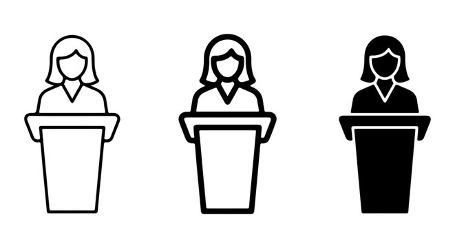Speaker Icon Set: Podium, Lectern, Public Speaking, Presentation, Speech, Woman, Vector Graphics