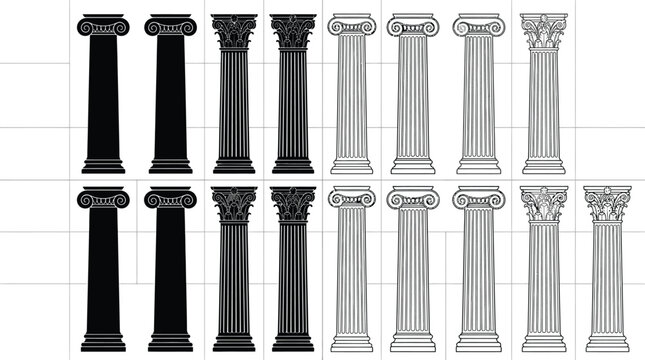 A collection of architectural vector pillar illustrations featuring classical greek and roman column design elements