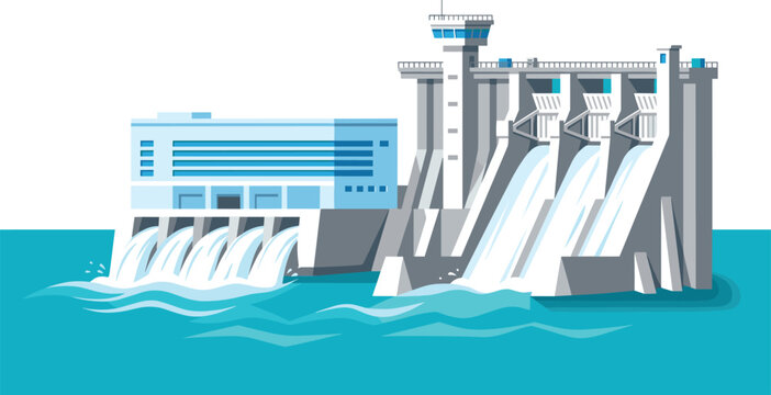 Vector illustration of hydroelectric dam with spillways and power facility representing renewable energy and sustainability themes