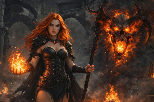 immagine di una maga oscura che tiene un bastone magico con un teschio demoniaco, image of a dark witch mage holding a magic staff with a demonic skull