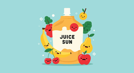Fototapeta premium Pouch of juice sun is surrounded by a collection of cheerful smiling fruit characters on a bright turquoise background in a fun cartoon style.
