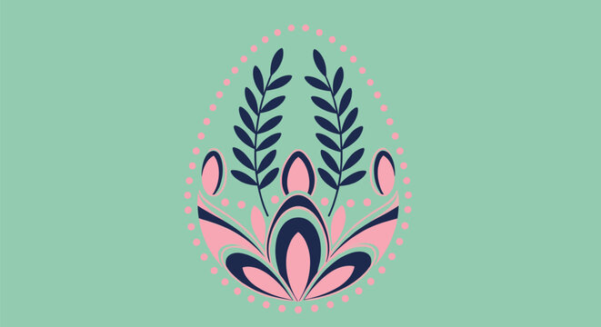 Easter egg illustration features intricate floral patterns and a delicate dotted border set against a solid green background for the spring holiday.