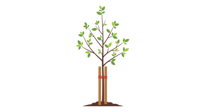 Young green sapling is secured with red ties to two sturdy wooden stakes to provide essential support during its early growth phase in a garden.