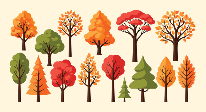 Diverse set of fourteen autumn and evergreen trees in various colors and shapes is displayed on a cream background for seasonal landscape design.