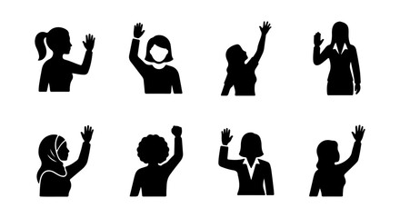 Diverse Women Silhouettes Waving Hello, Vector Icons Set for Greetings and Community Concepts © Rubi