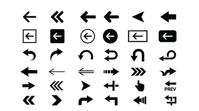 A collection of various black vector arrow icons displayed in a clean simple grid layout