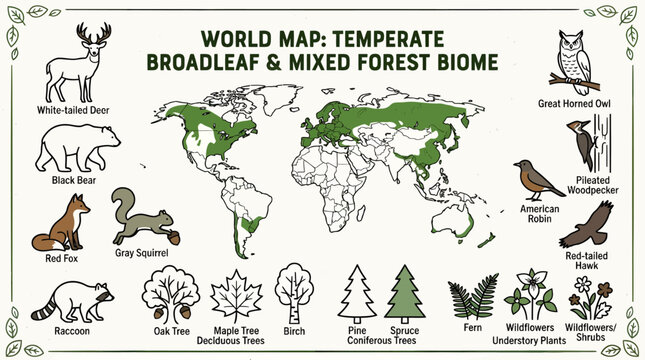 World map showing temperate forest biome and wildlife animals