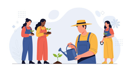 Fototapeta premium Diverse team of gardeners planting and watering seedlings in a modern flat illustration style, symbolizing growth and teamwork.
