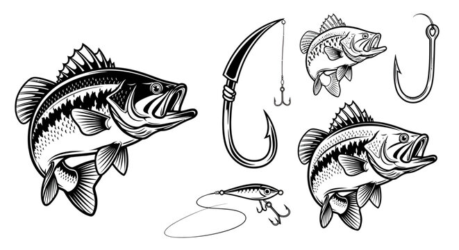 Black and white bass fish and fishing hook vector set