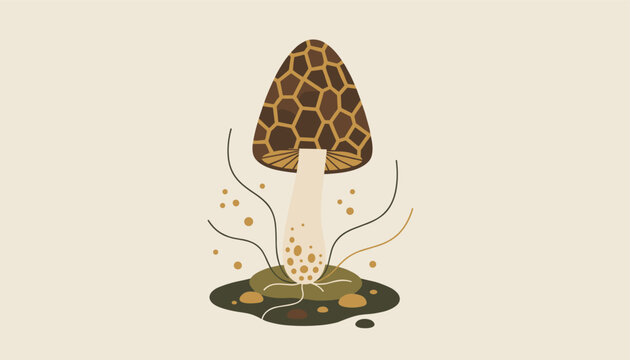 Stylized graphic illustration of a wild morel mushroom with a patterned cap growing in moss on a beige background.