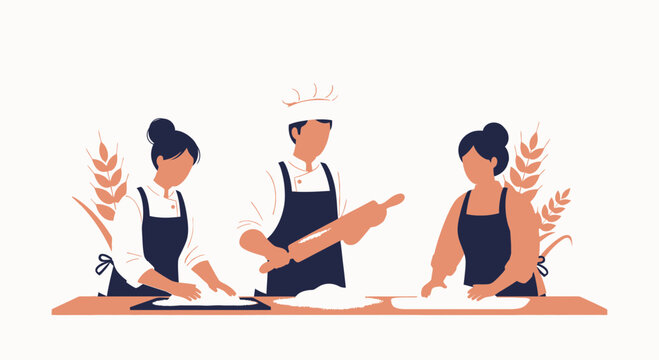 Diverse Team Baking Together: Chefs Kneading Dough, Rolling Pin, Wheat Stalks, Flat Design Illustration
