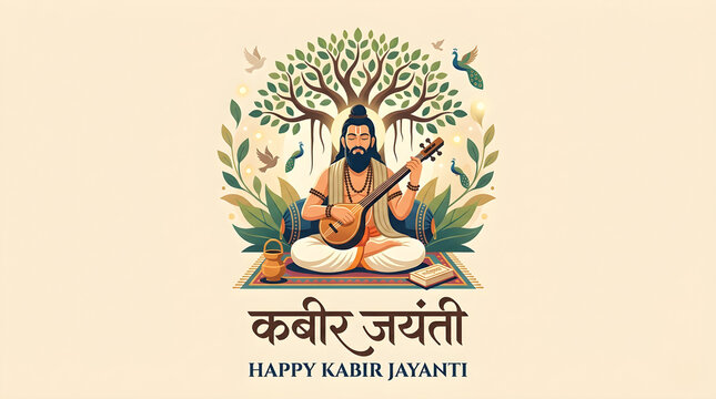 Kabir Jayanti Greeting Card Vector Illustration with Sant Kabir Das Playing Tanpura under Banyan Tree