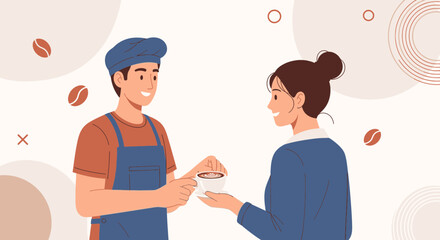 Fototapeta premium Friendly barista serving coffee to a smiling customer in a modern cafe with abstract background and coffee bean motifs.