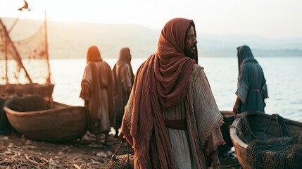 Jesus Calling the Apostles on the Shore of the Sea of Galilee at Sunrise, Biblical Discipleship Scene Banner © Faith Stock