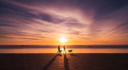 Fototapeta premium Couple Walks Dogs on Beach During Stunning Sunset Silhouette