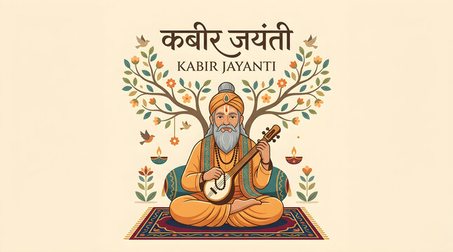 Kabir Jayanti Greeting Card Vector Illustration with Sant Kabir Das Playing Tanpura under Banyan Tree