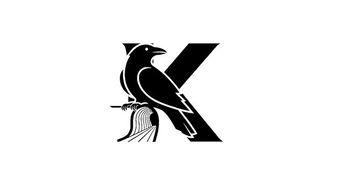 Black crow perched on stylized letter K.
