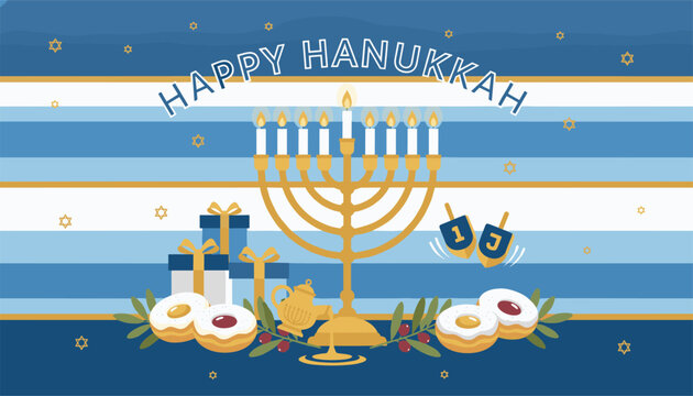 Festive Happy Hanukkah banner features a lit golden menorah surrounded by gifts, oil jar, and traditional donuts.