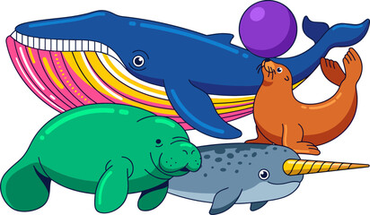 Cute Marine Animals Vector Illustration Set Featuring Blue Whale Sea Lion with Ball Green Manatee and Narwhal for Children Graphic Designs © MstBobita