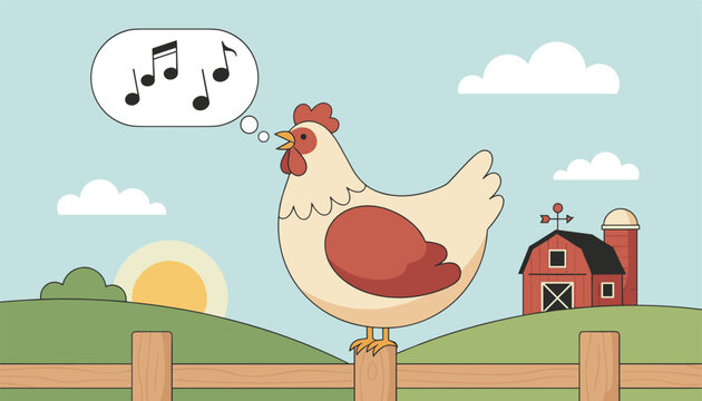Singing rooster stands proudly on a wooden fence post with a red barn in the background under a warm rising sun.