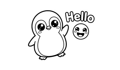 Obraz premium Cute baby penguin waving hand with hello text and smiley face coloring page