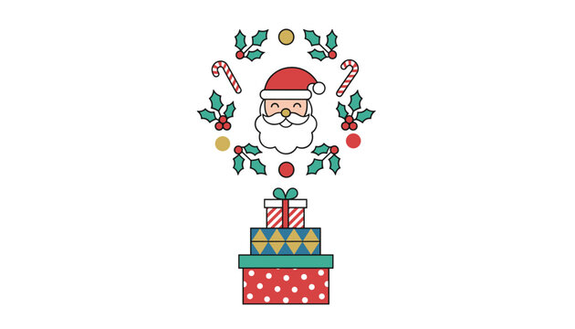 Cheerful Santa Claus head is framed by a festive Christmas wreath above a stack of three beautifully wrapped gifts.
