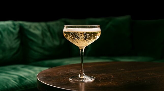 Elegant glass of sparkling champagne on wooden table against green velvet background